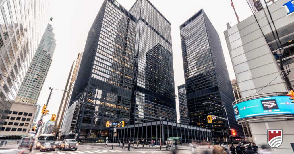 Image looking up of buildings on bay street in Toronto