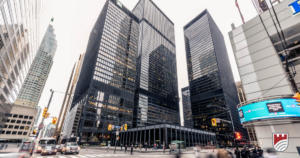 Image looking up of buildings on bay street in Toronto